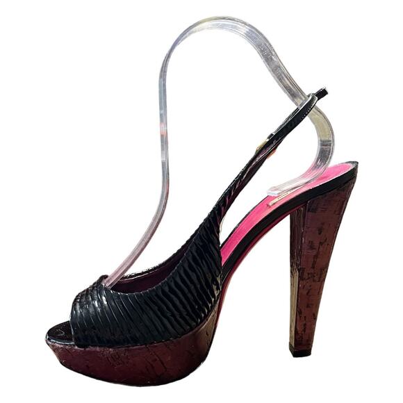 MIU MIU Black Patent Leather Sandals Peep Toe Sling Back Platforms Italy 38.5 - Picture 16 of 16